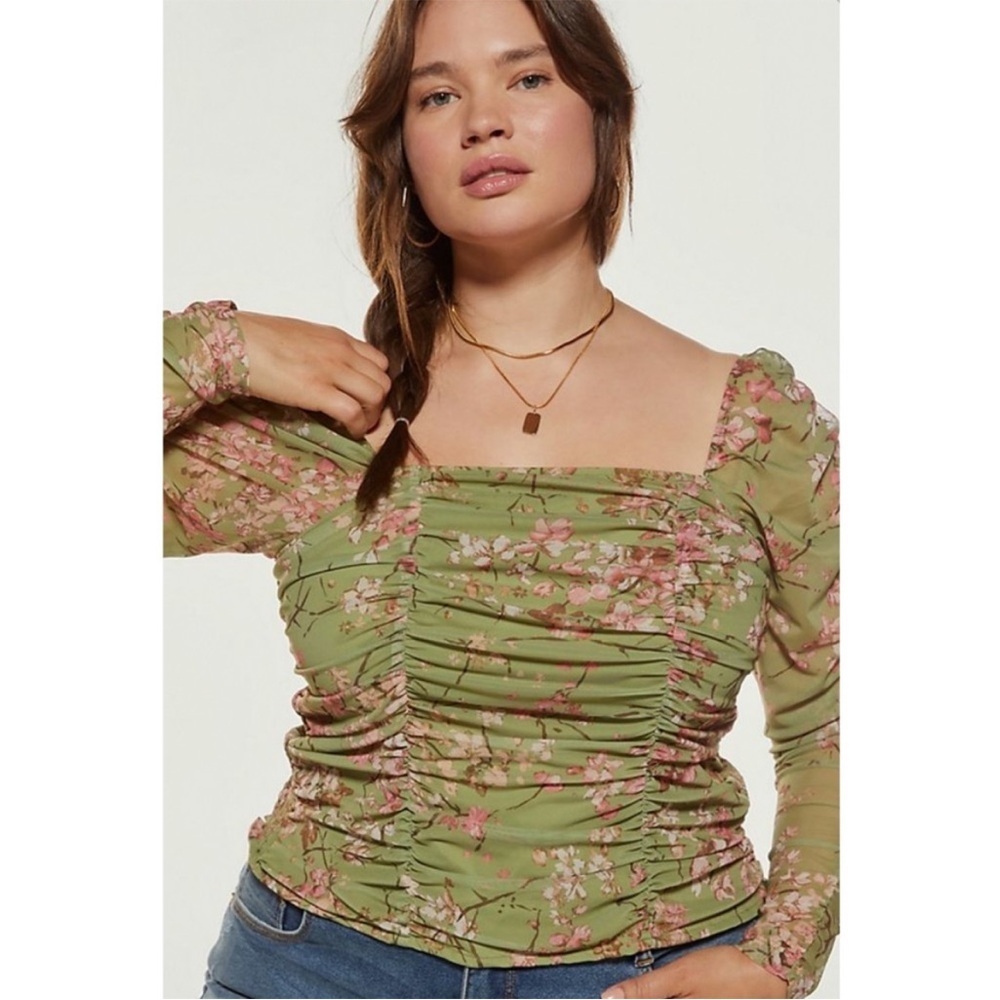 Anthropologie Green Floral Ruched Square-Neck Blouse